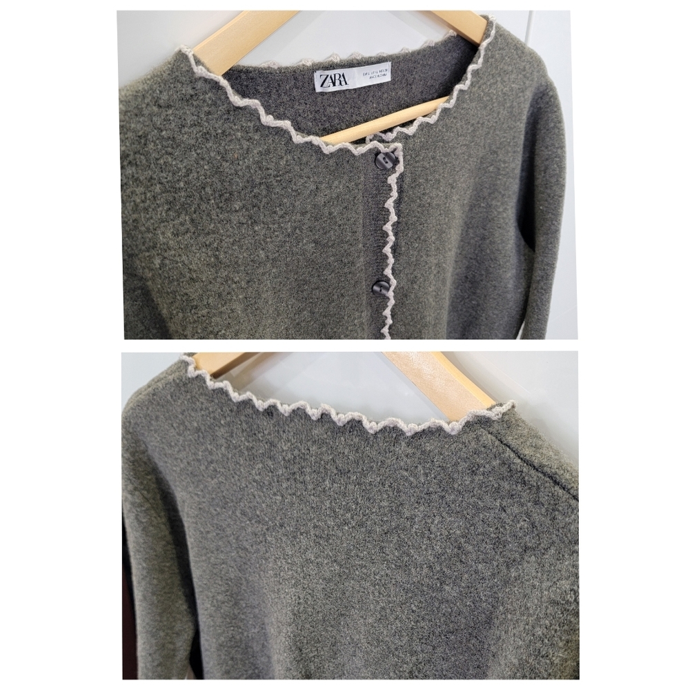 Zara Scalloped Trim Knit Cropped Cardigan Preppy Cozy Neutral Ballet-core Large - Picture 13 of 17